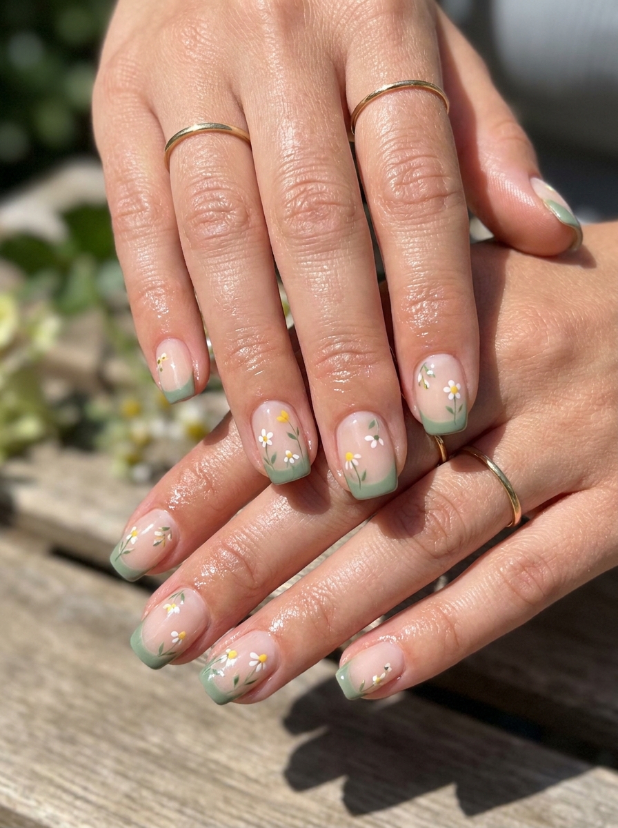 Green Floral Square Nails